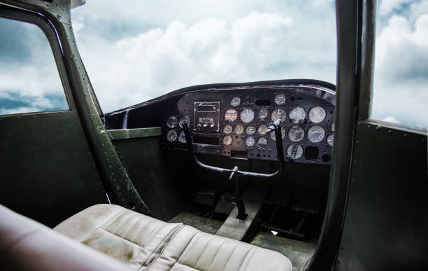 istock inside old pilot room in aeroplane with blue sky 1252714525