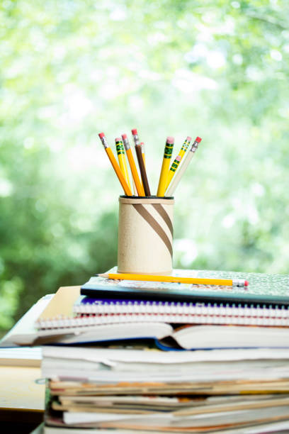 istock Stack of books or paper work at home office or home schooling 1252715305