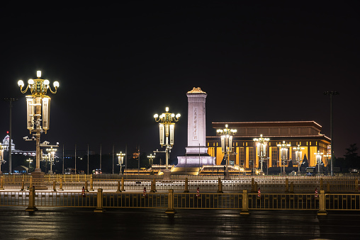 Night view of the People’s Heroes Monument and Chairman Mao Memorial Hall on Tiananmen Square, the third largest square in the world, Beijing, China