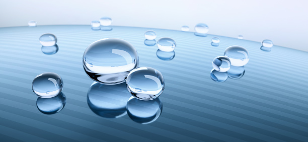 Water drops on high glossy surface with reflection - 3D illustration