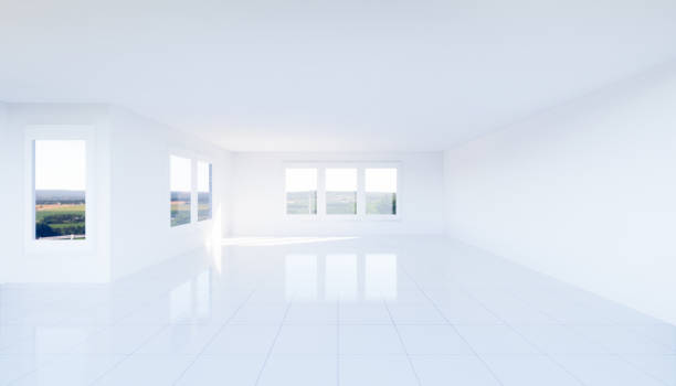 istock 3d rendering of empty room and white tile floor with grid line and shiny reflection with clear glass door in perspective view, clean and new condition use to background. 1252718444