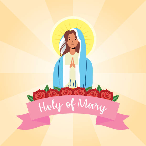 ilustrações, clipart, desenhos animados e ícones de suposição virgem milagrosa de maria com fita e flores - gloria maria