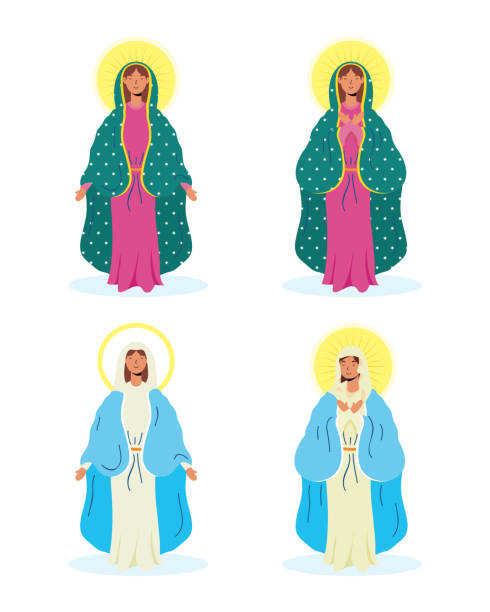 ilustrações, clipart, desenhos animados e ícones de suposição de belo mary virgins grupo - gloria maria