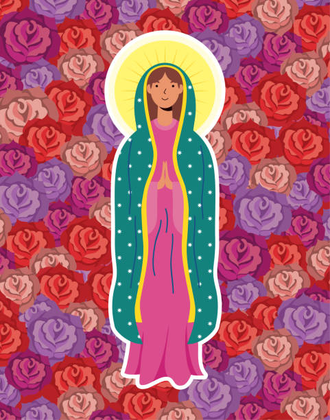ilustrações, clipart, desenhos animados e ícones de suposição de bela maria virgem com fundo rosas - gloria maria