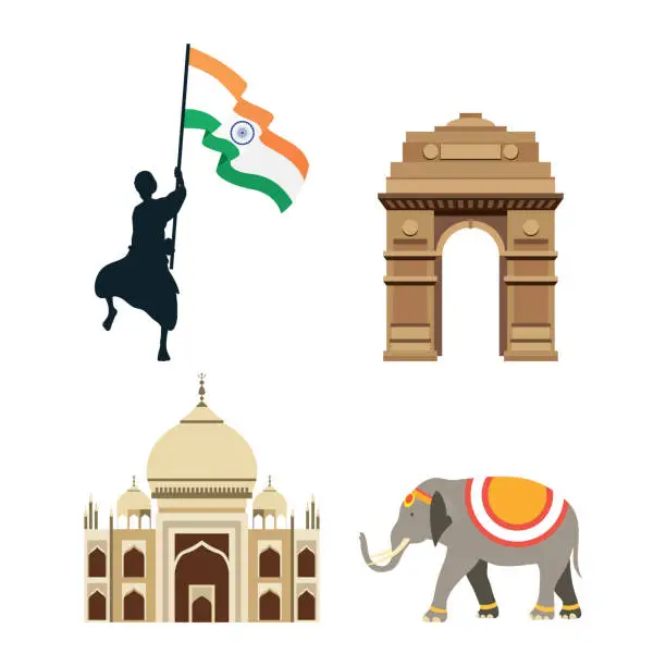 Vector illustration of Intependence day india with flags and set icons