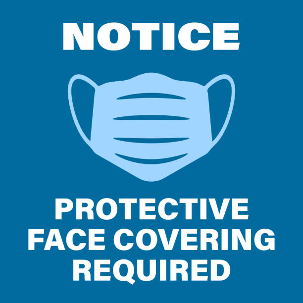 bildbanksillustrationer, clip art samt tecknat material och ikoner med blå skyddande ansikte täcker krävs tecken med ansiktsmask symbol - skyddsmask