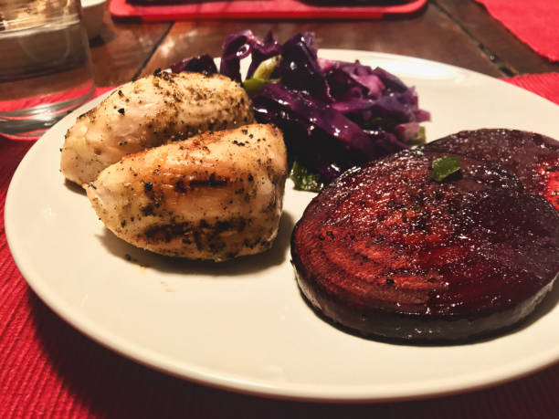 Dinner Plate filled with Chicken Grilled Sliced Red Beets and Shredded Purple Cabbage