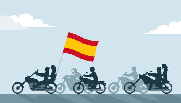 Bikers on motorcycles with spain flag vector art illustration