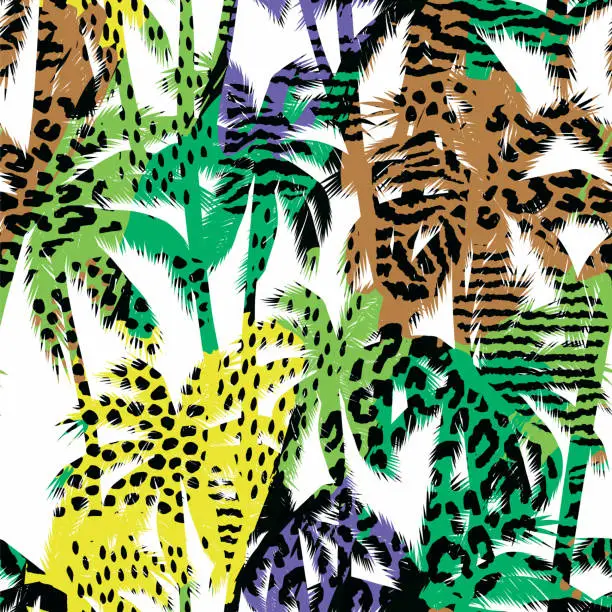 Vector illustration of Trendy seamless exotic pattern with palm and animal prins