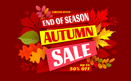 Advertising banner about Autumn Sale at the end of season with bright fall leaves. Invitation for shopping with 50 percent off. Trendy style, dark red background. Vector illustration.