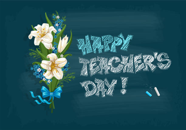 ilustrações, clipart, desenhos animados e ícones de saudação do dia dos professores com lousa da escola, buquê de flores e inscrição de giz - dia dos professores