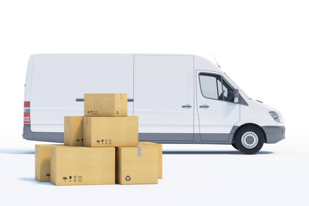 istock delivery van with a paper boxes on white background 1252737511