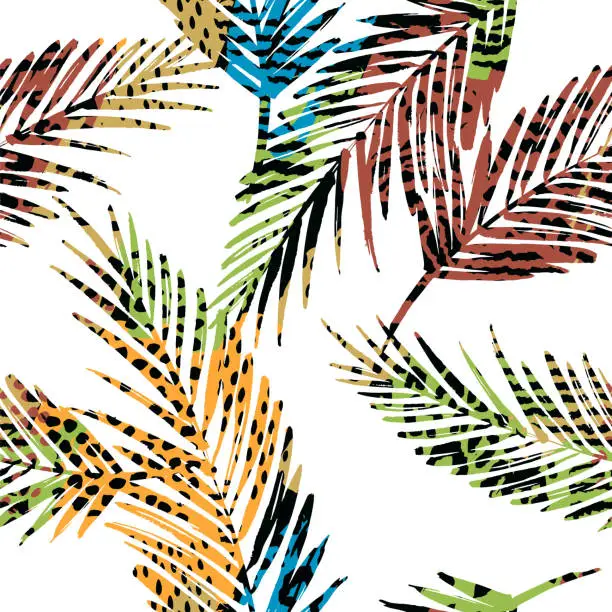 Vector illustration of Trendy seamless exotic pattern with palm and animal prins