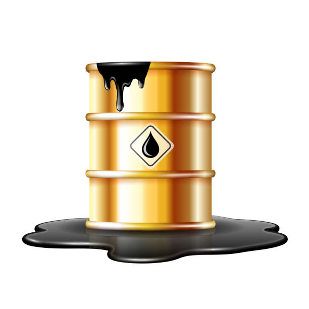 ilustrações, clipart, desenhos animados e ícones de barril de ouro com rótulo de gota de óleo na poça derramada de petróleo bruto. - oil oil industry oil slick petroleum