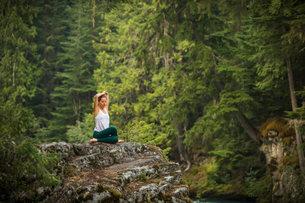 młoda kobieta praktykuje jogę i medytację w otoczeniu lasu. - british columbia rainforest forest canada zdjęcia i obrazy z banku zdjęć