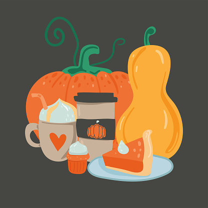 Pumpkin food. Slice pie, spice latte and soup, cupcake and jam. Autumn collection of pumpkins dishes. Colorful cute doodle vector illustration on dark background