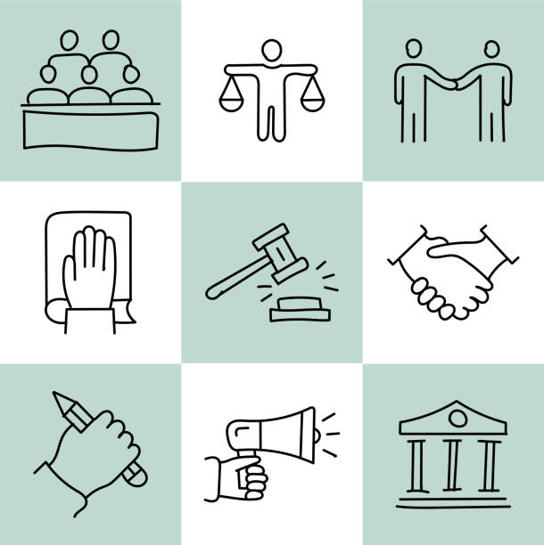 Law and justice line icon set Law and justice line icon set lawyer drawings stock illustrations