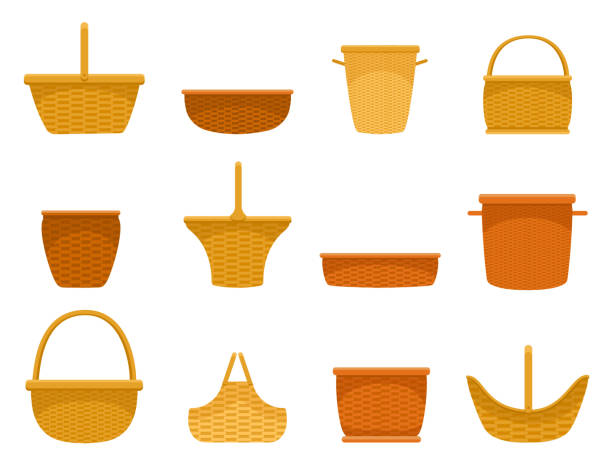 Wicker basket assortment flat set. Containers woven by hand for harvesting, storage, transportation. Wicker basket assortment flat set. Containers woven by hand for harvesting, storage, transportation fruits, vegetables, mushrooms. Hand crafted vessels. Side view. Vector collection isolated on white. basket stock illustrations