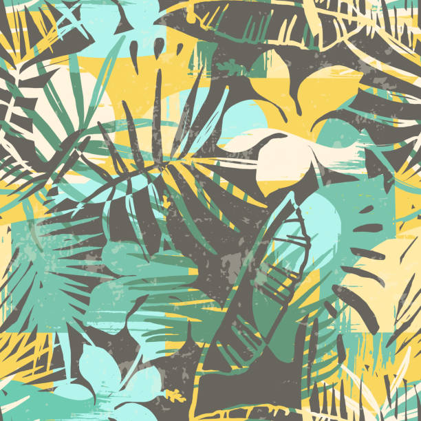 stockillustraties, clipart, cartoons en iconen met naadloos exotisch patroon met tropische planten en artistieke achtergrond. - tropical surf