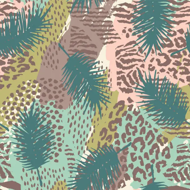 Vector illustration of Trendy seamless exotic pattern with palm and animal prins