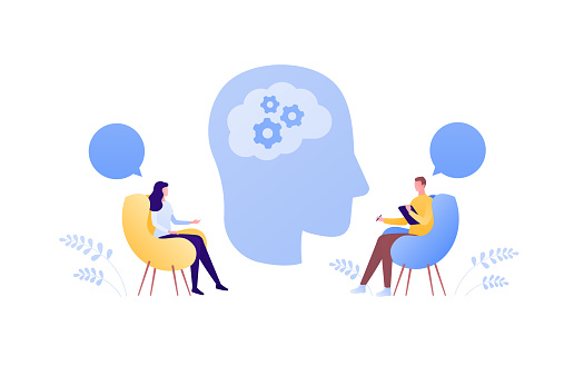 Psychology, psychotherapy and psychiatry counseling concept. Vector flat person illustration. Human head with brain. Man psychologist and female patient. Speech bubble sign. Design element.
