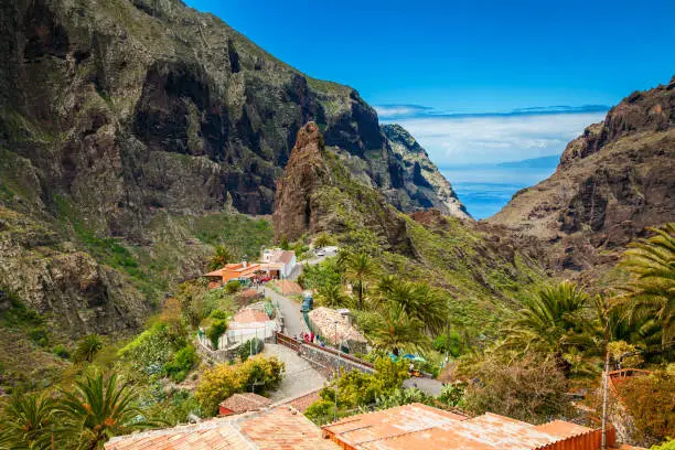 beautiful view of the Masca village and valley with palms and mountains, Tenerife, Spain