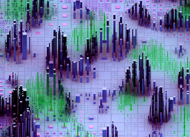 istock 3d abstract art with surreal 3d topographic landscape with valley mountains based on small and big cubes and rectangles in green and purple color 1252763604