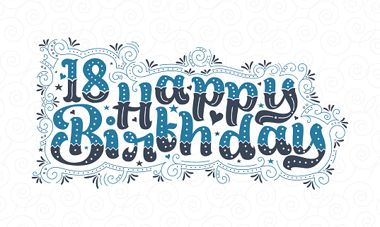 18th Happy Birthday lettering, 18 years Birthday beautiful typography design with blue and black dots, lines, and leaves.