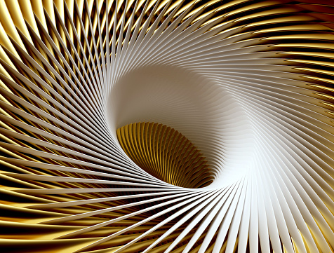 Arte 3d con parte del motor de turbina abstracta en patrón espiral basado en cuchillas afiladas curvas en cerámica blanca y material dorado photo