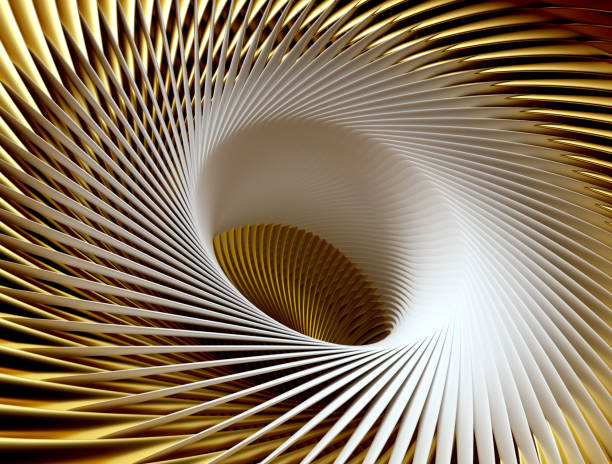 arte 3d com parte do motor de turbina abstrata em padrão espiral baseado em lâminas afiadas curvas em material de cerâmica branca e ouro - turbina - fotografias e filmes do acervo