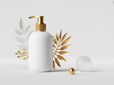 3d render, blank cosmetic bottle mockup with tropical palm leaf. White dispenser container with golden cap isolated on white background. Beauty product modern showcase