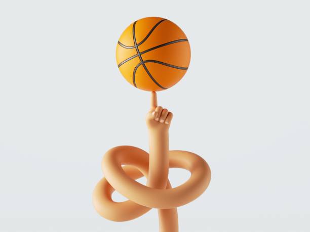 3d 렌더링, 만화 캐릭터 얽힌 손은 흰색 배경에 고립 된 손가락에 공을 회전합니다. 농구 선수 놀라운 기술. 스포츠 클립 아트 - skill ball 뉴스 사진 이미지