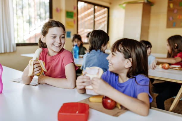 istock Kids eating at school and keep social distance 1252770885