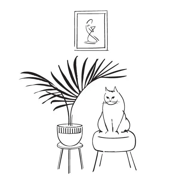 Vector illustration of Cat sitting under a plant