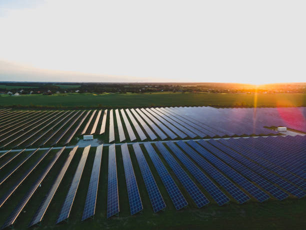 istock Aerial drone view into large solar panels at a solar farm at bright sunset. Solar cell power plants. 1252777458