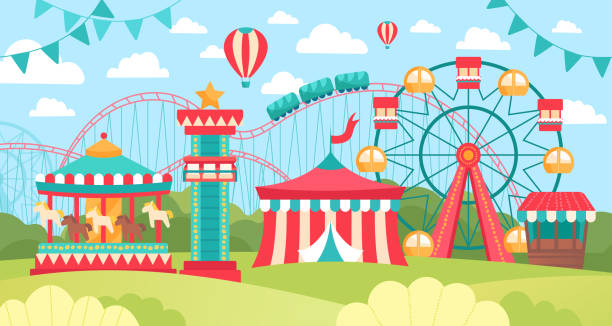 ilustrações, clipart, desenhos animados e ícones de cena colorida em um parque de diversões - marquis