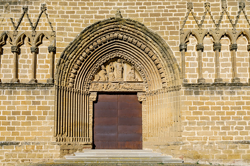San Pedro church from fortress, in Artajona Navarra Spain, porch detail