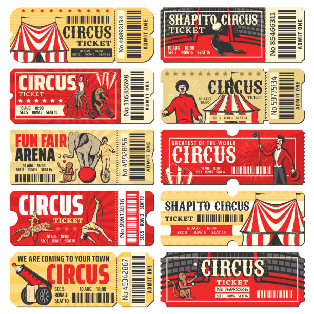 Circus ticket vector templates of chapiteau carnival show. Vintage invite cards and pass coupon with big top circus tent, clowns, acrobats and trained animals, monkey juggler, rocket man and elephant