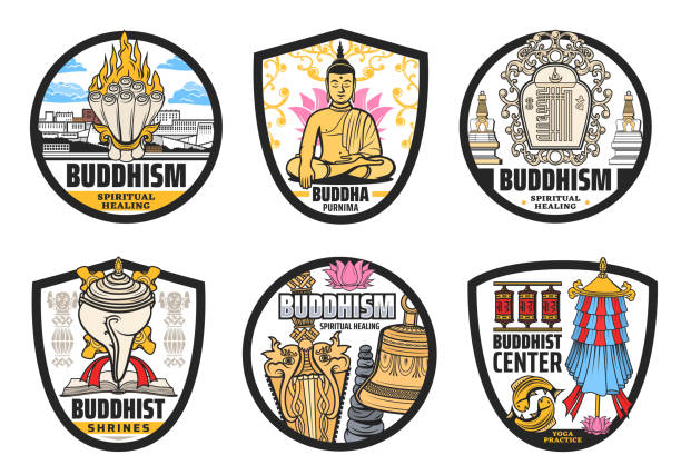 Buddhism religion, Tibet and Buddhist symbols Buddhism religion, Tibet and Buddhist vector symbols. Isolated vector icons of Buddha, lotus, prayer wheels, spiritual bell and dorje, temple stupas, conch shell, fish, parasol and Potala palace tibet culture stock illustrations