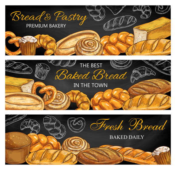 ilustraciones, imágenes clip art, dibujos animados e iconos de stock de pan, pastelería en pancartas - pretzel sesame vector snack