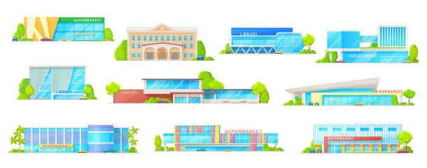 супермаркет и здание библиотеки изолированные иконы - window book education symbol stock illustrations