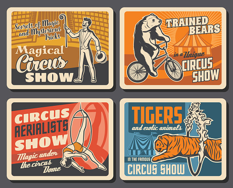 Circus performers, animals, chapiteau carnival top tent vector retro posters of circus show. Magician showing tricks, trapeze girl acrobat under dome, bear riding bicycle and tiger jumping trough ring