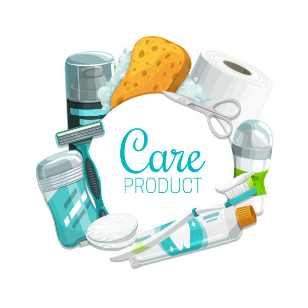 Personal hygiene, beauty and health care products Hygiene or personal care vector products. Toothbrush, toothpaste, soap and sponge, toilet paper, deodorant, shaving foam and razor, cotton pads, manicure scissors and antiperspirant, toiletries design assembly kit stock illustrations