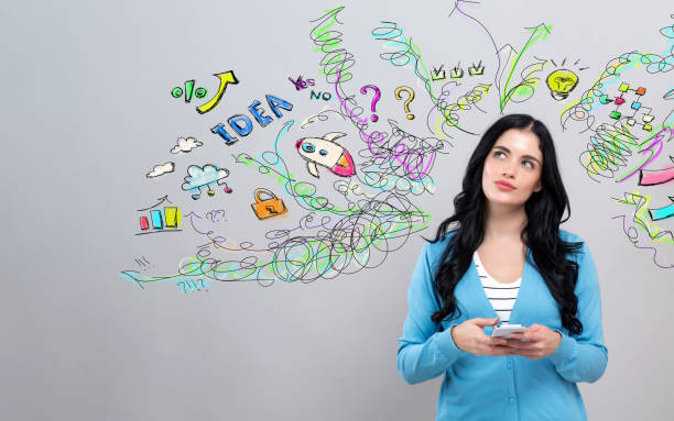 istock Many thoughts with woman holding a smartphone 1252809565