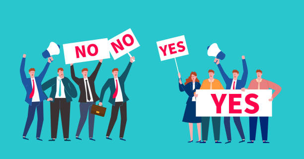 ilustrações de stock, clip art, desenhos animados e ícones de pros and cons, a group of businessmen holding a sign to party to decide whether to support or disagree - opposition party