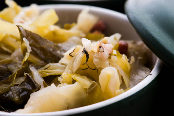 istock Stew of white cabbage and bacon. Vegetables, background 1252818458