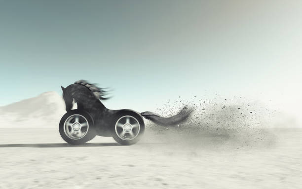 zwart paard met autowielen in plaats van benen bij hoge snelheid in de woestijn. dit is een 3d-render illustratie . - gekke paarden stockfoto's en -beelden