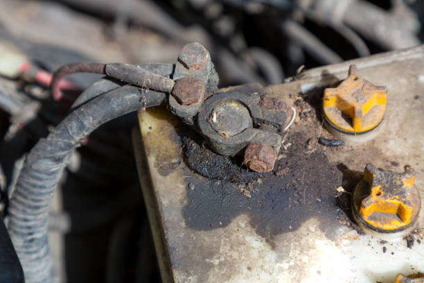 copper terminals for charging a car battery closeup on white
