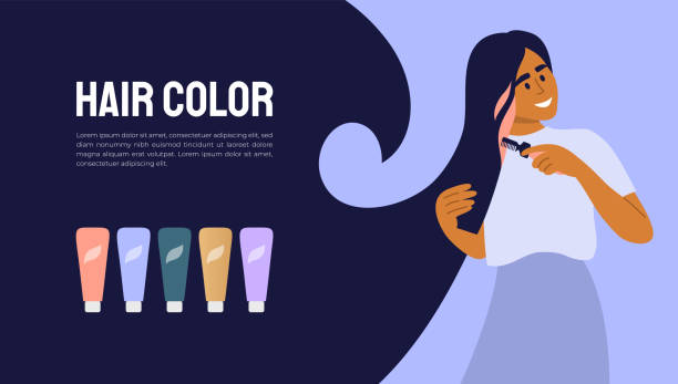 Design with young woman dyeing hair in pop colors Design template with young woman dyeing hair. Layout with text and set of tubes with colored cream. Cute girl making hairstyle, painting strand of hair in pop colors. Beauty care vector illustration hair strands stock illustrations