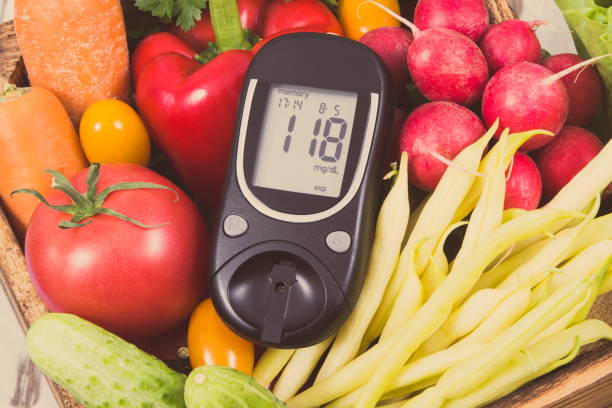 istock Glucometer for checking sugar level and vegetables as healthy ingredients containing vitamins using during diabetes 1252832989